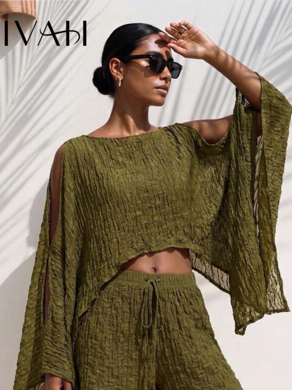 & Other Stories Olive Crinkle Open-Sleeve Cover-Up Top
